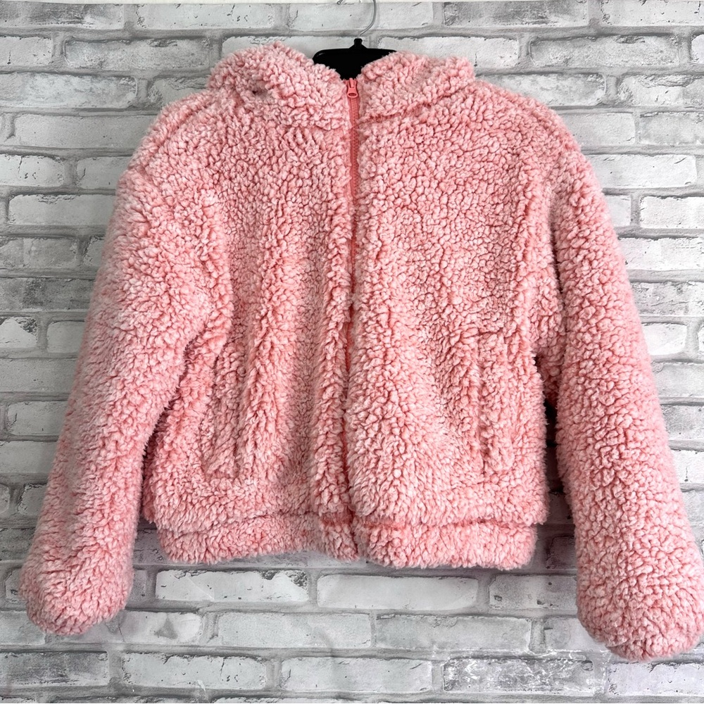 ME JANE Girls Pink White Long Sleeve Plush Sherpa Zippered Hooded Sweater Sz 14